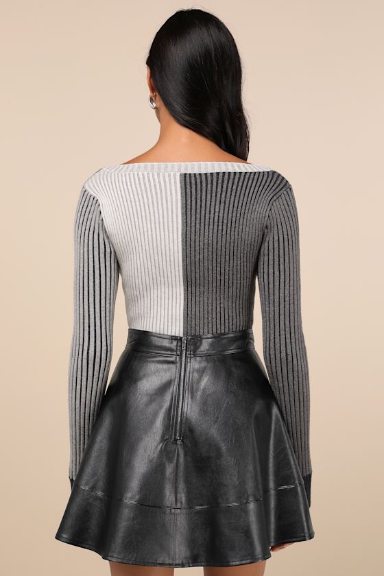 LULUS MOD CUTIE GREY COLOR BLOCK RIBBED LONG SLEEVE BODYSUIT