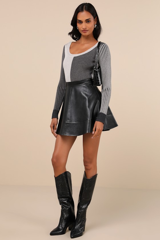 LULUS MOD CUTIE GREY COLOR BLOCK RIBBED LONG SLEEVE BODYSUIT