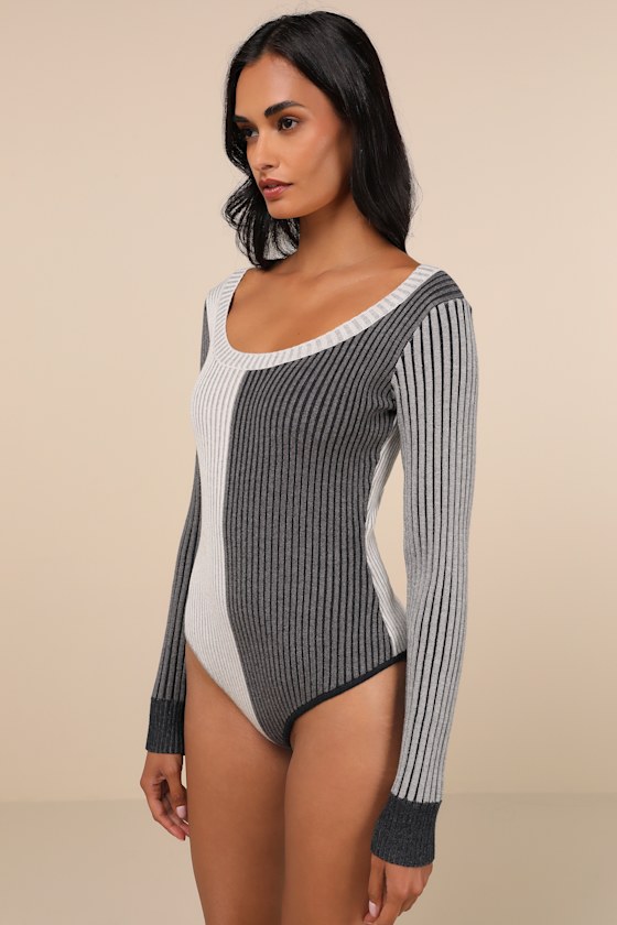 LULUS MOD CUTIE GREY COLOR BLOCK RIBBED LONG SLEEVE BODYSUIT