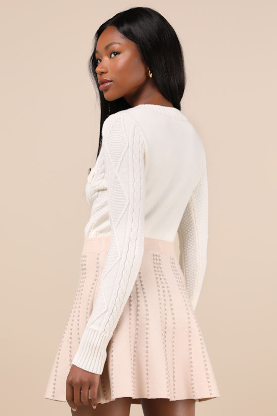 Beige Lurex Knit Skirt - High-Waisted Skirt - Knit Circle