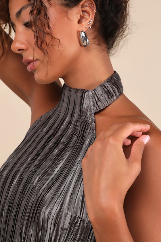 Astr Mikado Dark Grey Plisse Asymmetrical Halter Top In Dark Grey