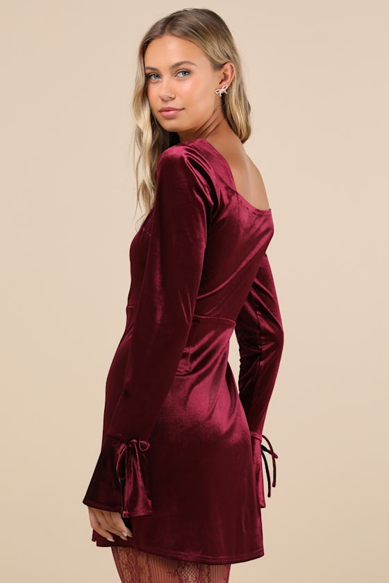 Burgundy Velvet Dress - Long Sleeve Mini Dress - Mini Dress - Image 2