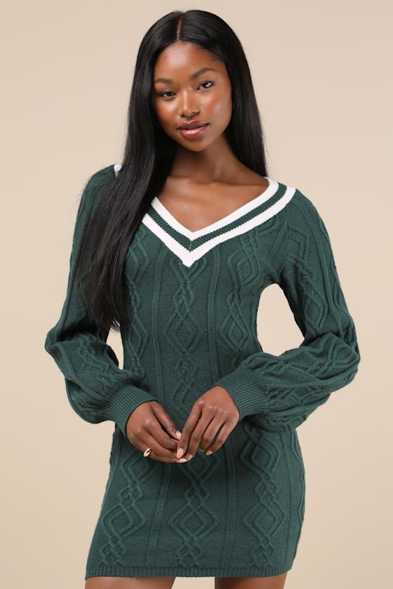 Lulus Inviting Poise Green And White Cable Knit Sweater Mini Dress In Green And White