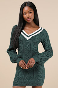 Inviting Poise Green and White Cable Knit Sweater Mini Dress 1