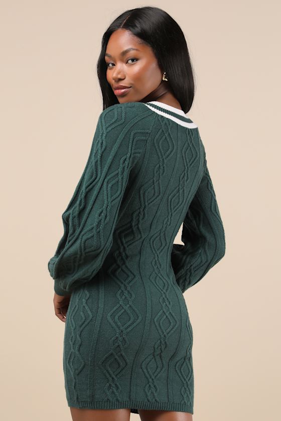 Lulus Inviting Poise Green And White Cable Knit Sweater Mini Dress In Green And White