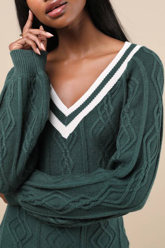 Lulus Inviting Poise Green And White Cable Knit Sweater Mini Dress In Green And White