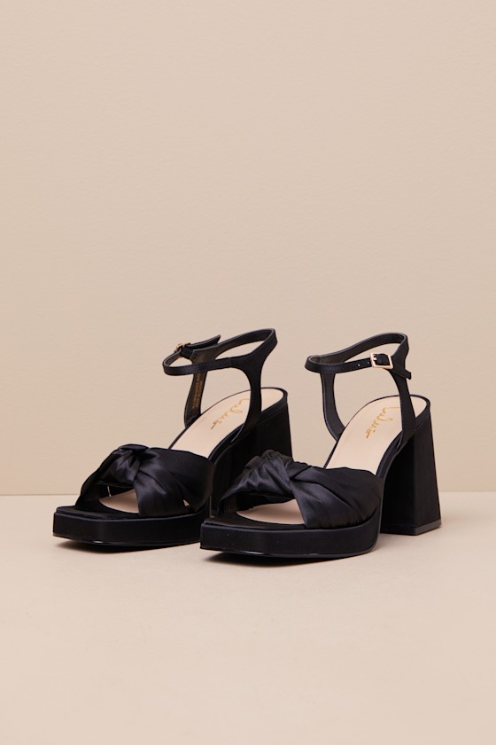 Lulus Remie Black Satin Knotted Platform High Heel Sandals In Black