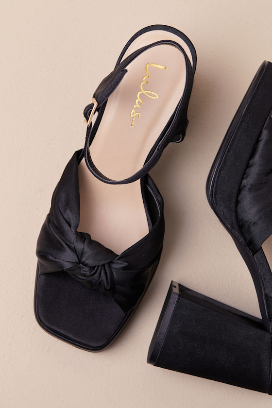 Lulus Remie Black Satin Knotted Platform High Heel Sandals In Black