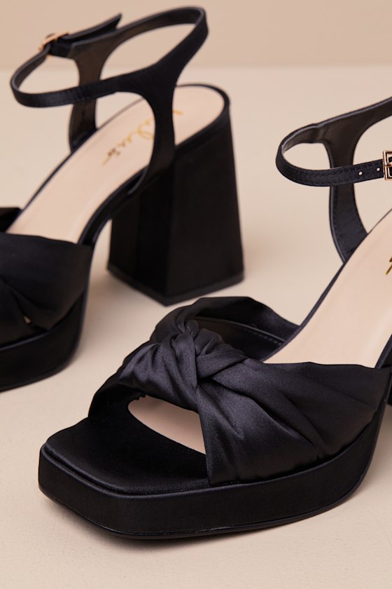 Lulus Remie Black Satin Knotted Platform High Heel Sandals In Black