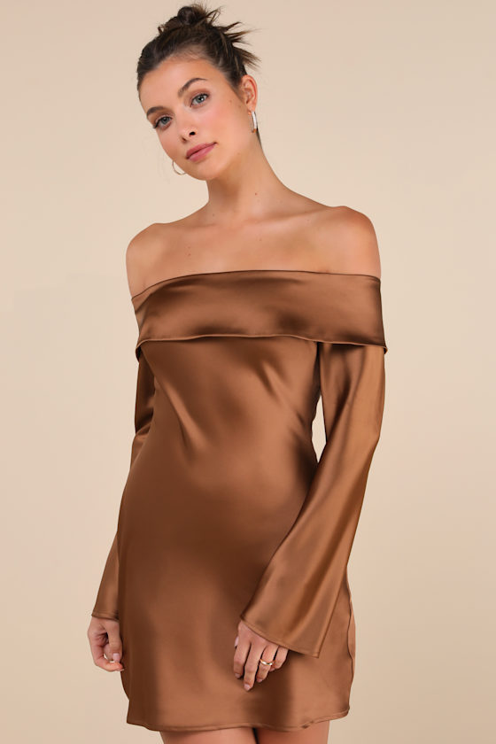 Image of Luxurious Vision Brown Satin Off-the-Shoulder Mini Dress