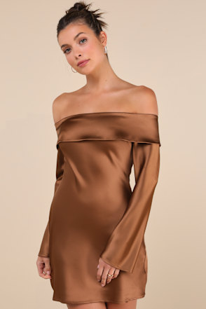 brown one shoulder mini dress Knitted Off Shoulder Jumper Dress With Long Sleeves Christmas Outfit main image 1
