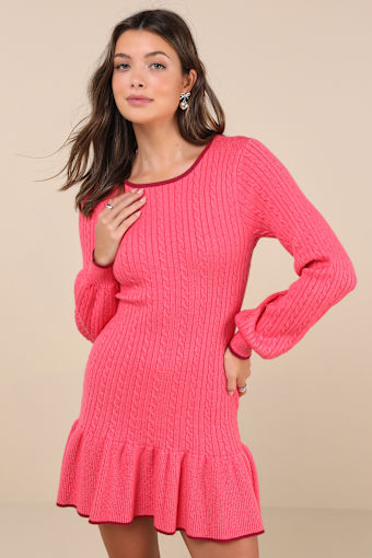 Coziest Poise Pink Cable Knit Long Sleeve Sweater Mini Dress 5