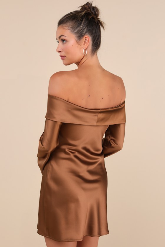 Lulus Luxurious Vision Brown Satin Off-the-shoulder Mini Dress In Brown