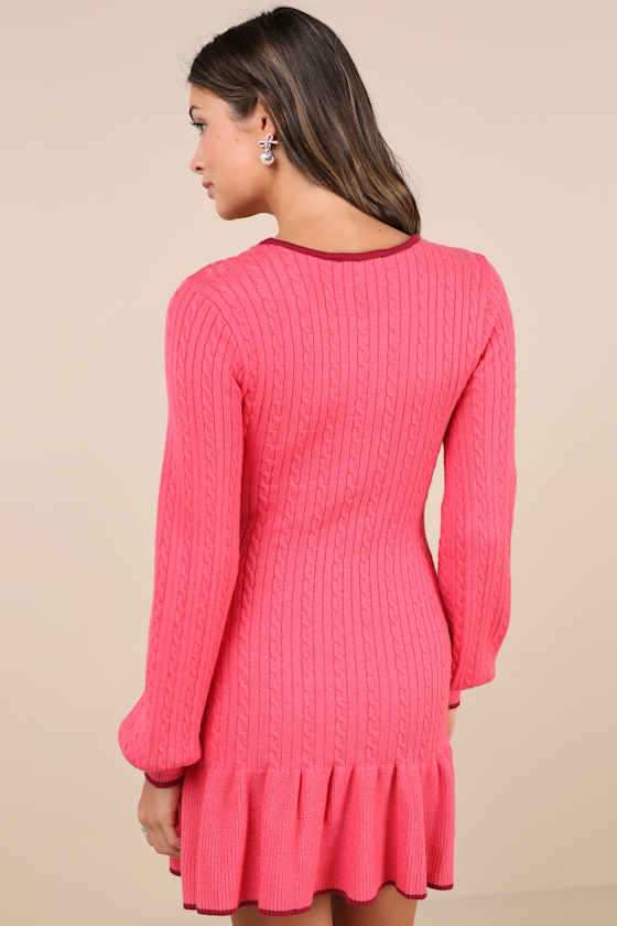 Coziest Poise Pink Cable Knit Long Sleeve Sweater Mini Dress 3