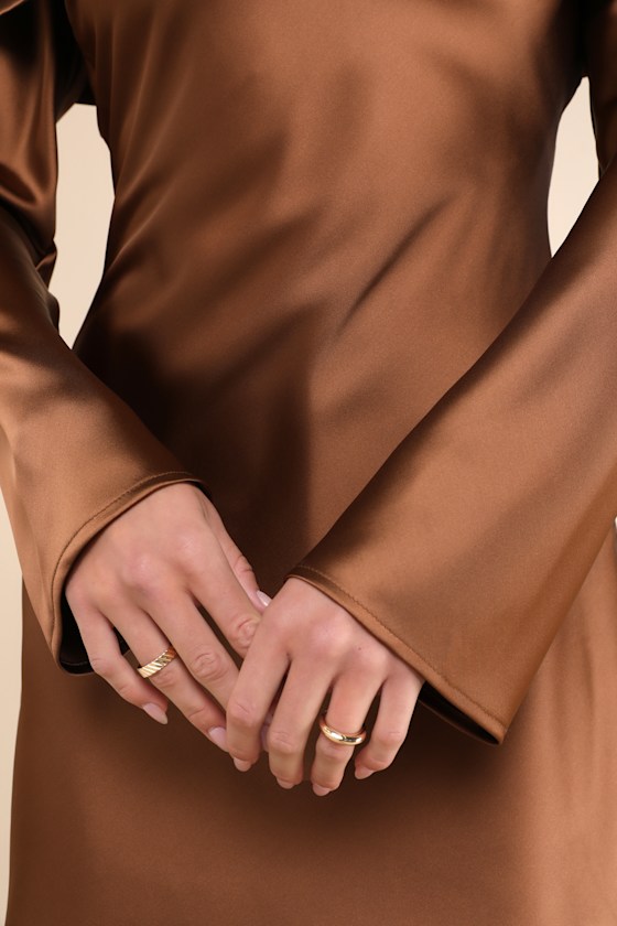 Lulus Luxurious Vision Brown Satin Off-the-shoulder Mini Dress In Brown