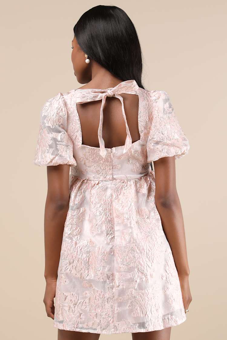 Adored Mood Pink Jacquard Puff Sleeve Tie-Back Mini Dress