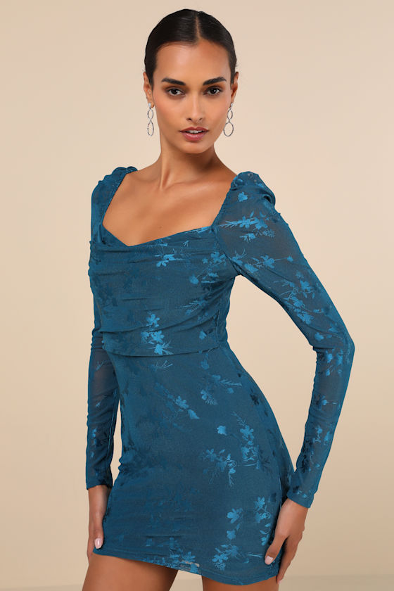 Lulus Sultry Occasion Dark Teal Mesh Floral Long Sleeve Mini Dress In Teal