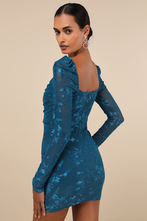 Lulus Sultry Occasion Dark Teal Mesh Floral Long Sleeve Mini Dress In Teal