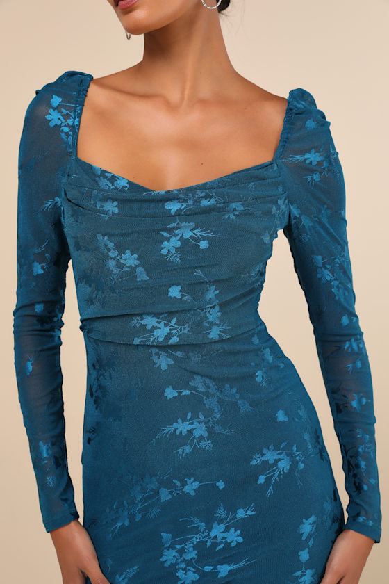 Lulus Sultry Occasion Dark Teal Mesh Floral Long Sleeve Mini Dress In Teal