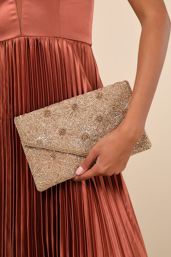 Lulus Dazzling Favorite Gold Beaded Floral Clutch In Gold