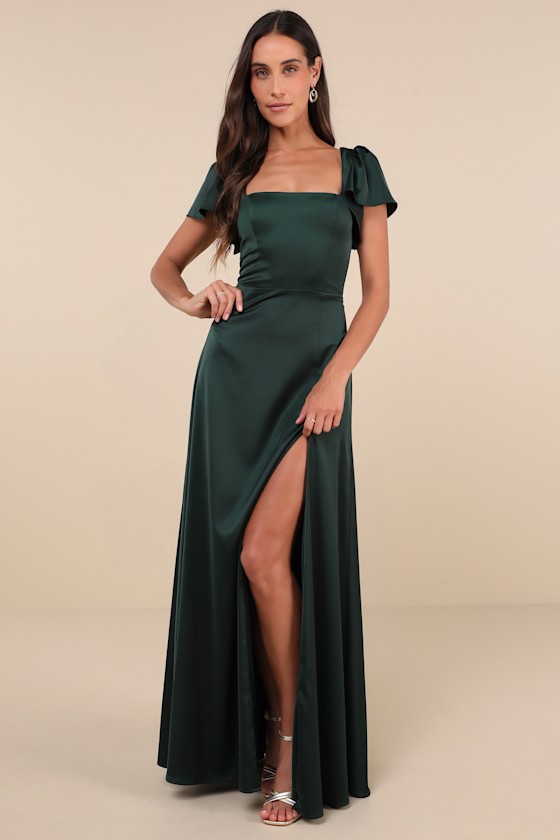 Ultimate Sweetness Emerald Green Satin Flutter Sleeve Maxi Dress 3