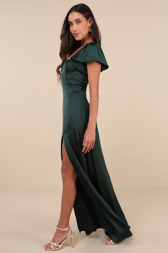 Shop Lulus Ultimate Sweetness Emerald Green Satin Flutter Sleeve Maxi Dress
