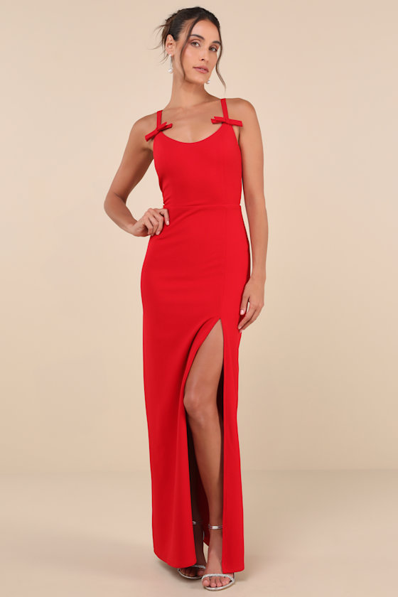 LULUS DARLING RADIANCE RED SLEEVELESS BOW BACKLESS MAXI DRESS