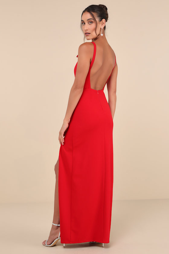 LULUS DARLING RADIANCE RED SLEEVELESS BOW BACKLESS MAXI DRESS