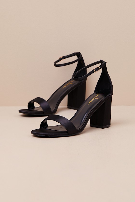 Arylee Black Satin Ankle Strap Heels 1