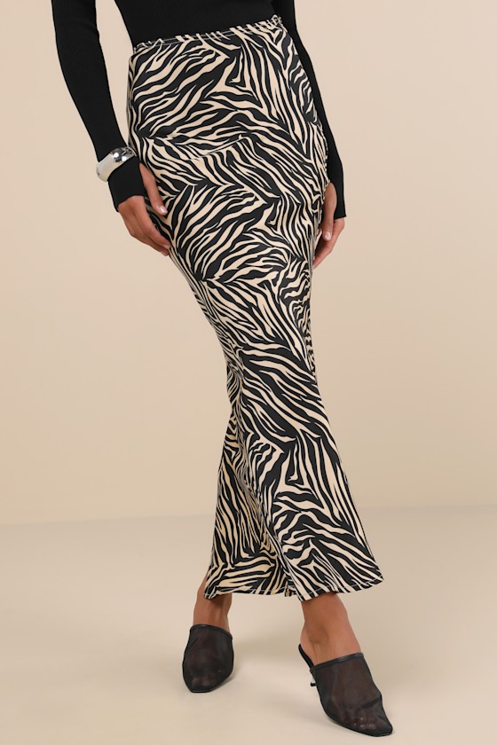 Lulus Fierce Concept Black And Beige Satin Animal Print Maxi Skirt In Black And Beige