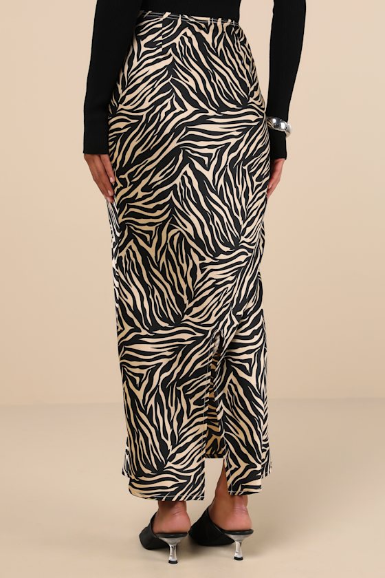 Lulus Fierce Concept Black And Beige Satin Animal Print Maxi Skirt In Black And Beige