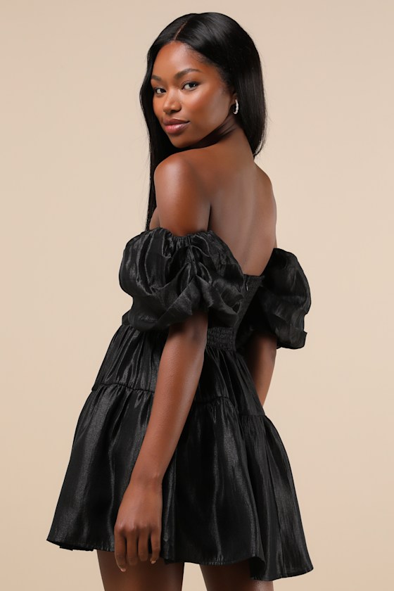 Lulus Impressively Delightful Black Tiered Off-the-shoulder Mini Dress In Black