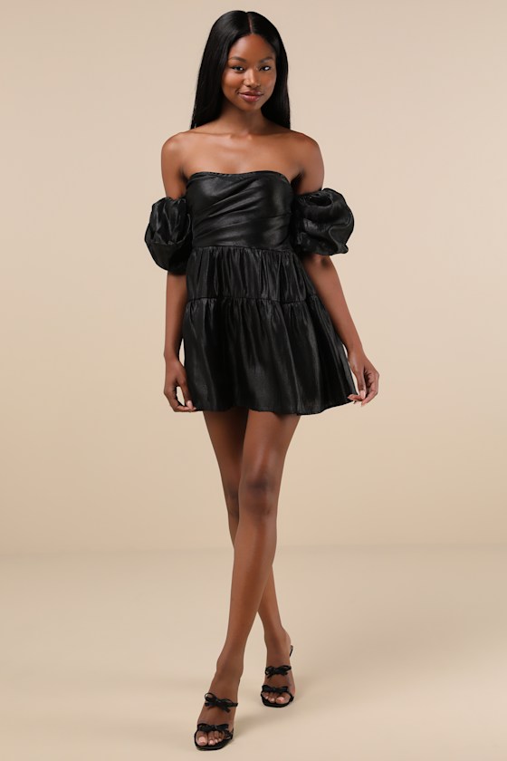 Lulus Impressively Delightful Black Tiered Off-the-shoulder Mini Dress In Black