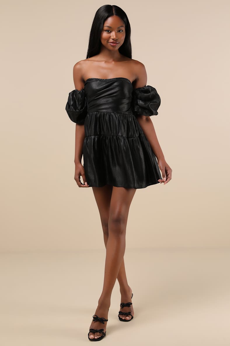 Impressively Delightful Black Tiered Off-the-Shoulder Mini Dress