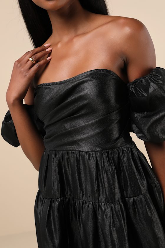 Lulus Impressively Delightful Black Tiered Off-the-shoulder Mini Dress In Black