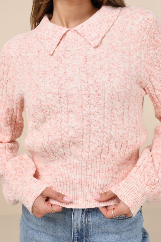 Lulus Envied Comfort Marled Coral Pink And White Cable Knit Sweater In Pink And White