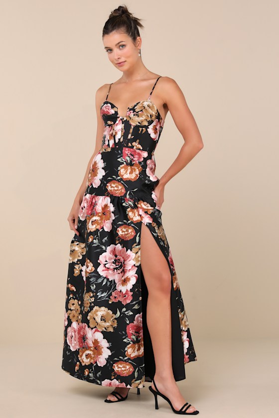 Lulus Confident Delight Black Floral Tiered Bustier Maxi Dress In Black