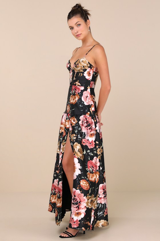 Lulus Confident Delight Black Floral Tiered Bustier Maxi Dress In Black
