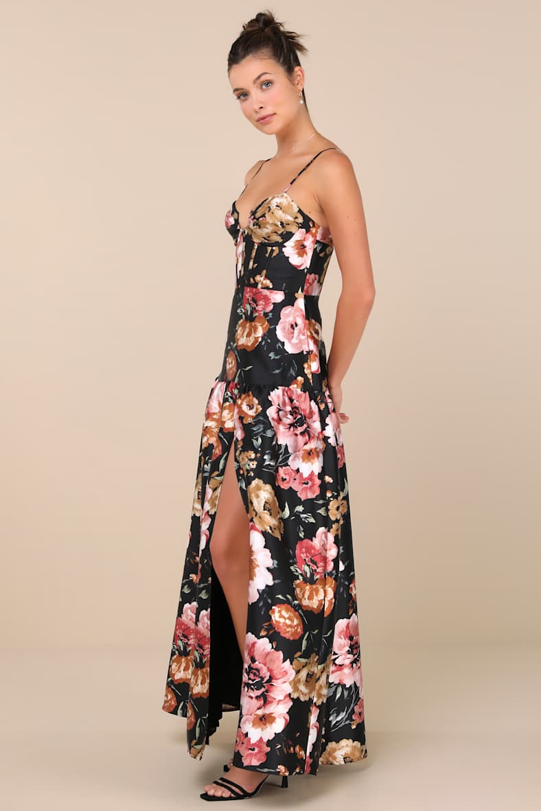Confident Delight Black Floral Tiered Bustier Maxi Dress
