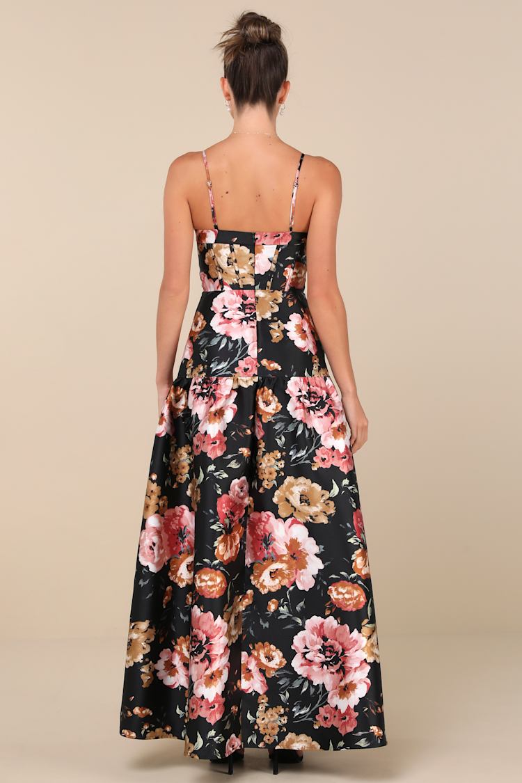Confident Delight Black Floral Tiered Bustier Maxi Dress
