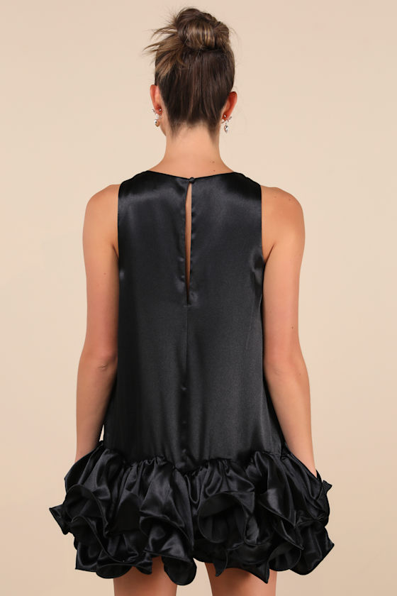 Contemporary Stunner Black Satin Ruffle Hem Shift Mini Dress 2