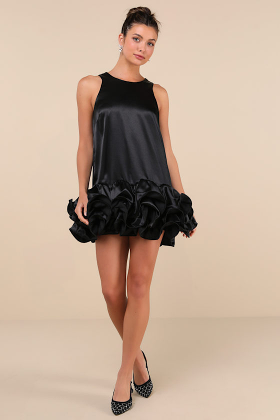 Black Satin Shift Dress - Ruffle Hem Dress - Shift Mini Dress - Lulus