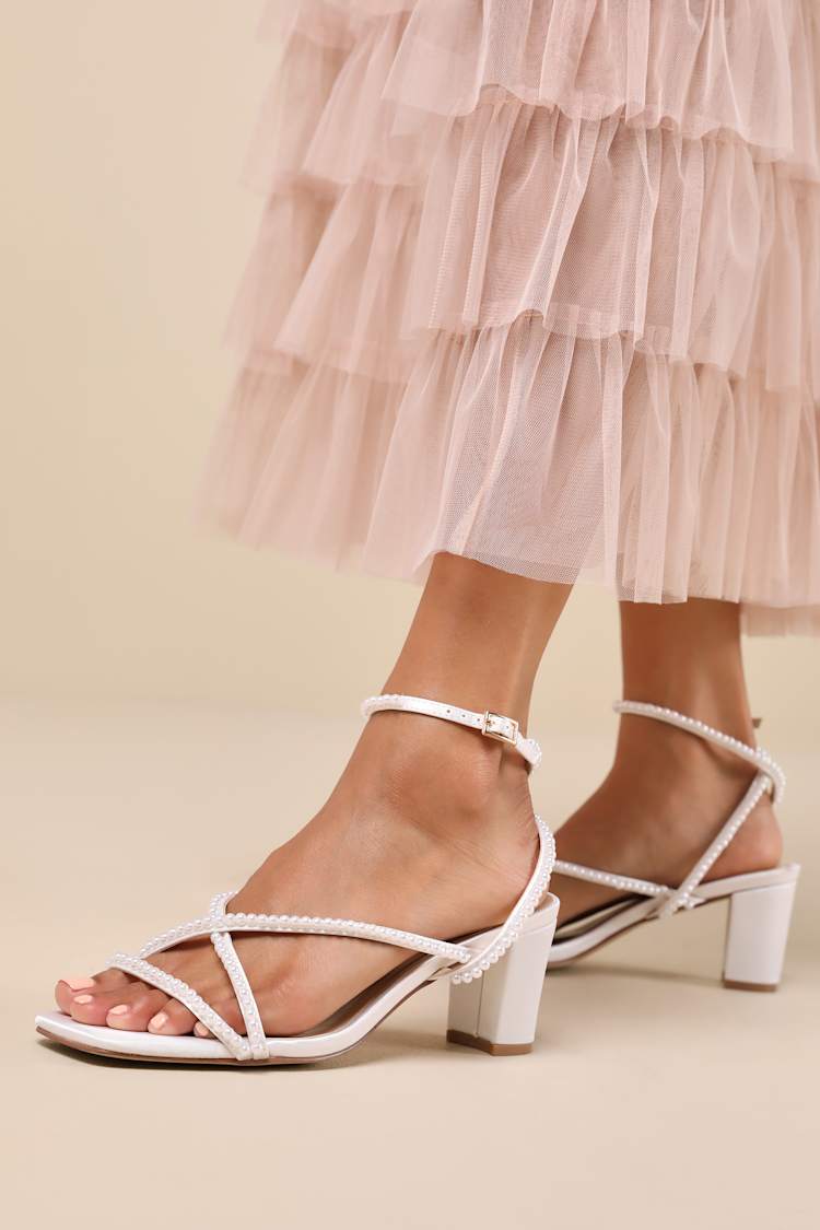 Makenna White Pearl Satin Strappy Ankle Strap Low Heel Sandals