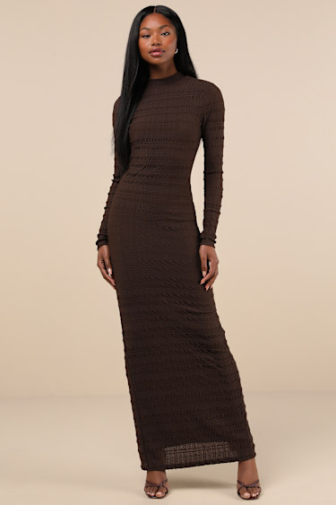 brown midi dress with sleeves Style Essence Long Sleeve (Brown) comfortable fit Brown Floral Long Sleeve Midi