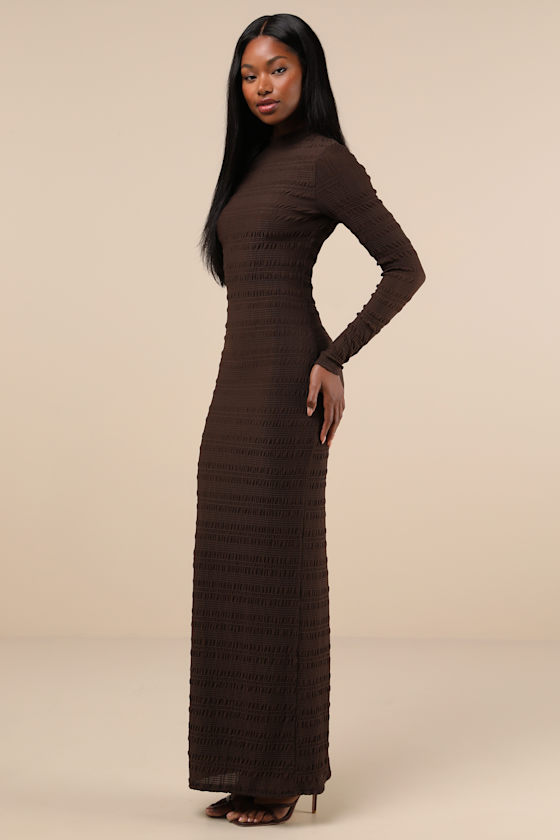 Lulus Trendsetting Design Brown Textured Long Sleeve Maxi Dress In Brown