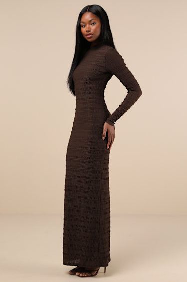 Trendsetting Design Brown Textured Long Sleeve Maxi Dress