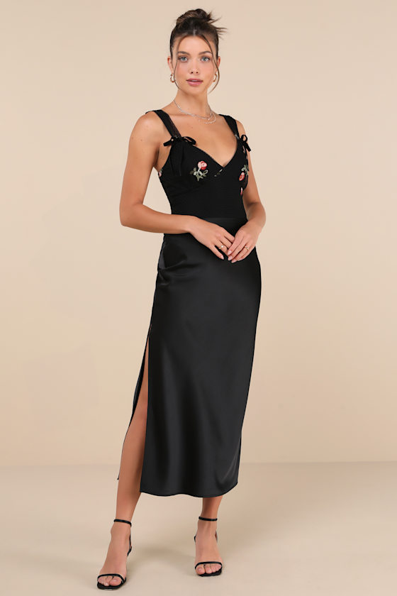 LULUS COMPELLINGLY ROMANTIC BLACK MESH EMBROIDERED FLORAL BOW BODYSUIT