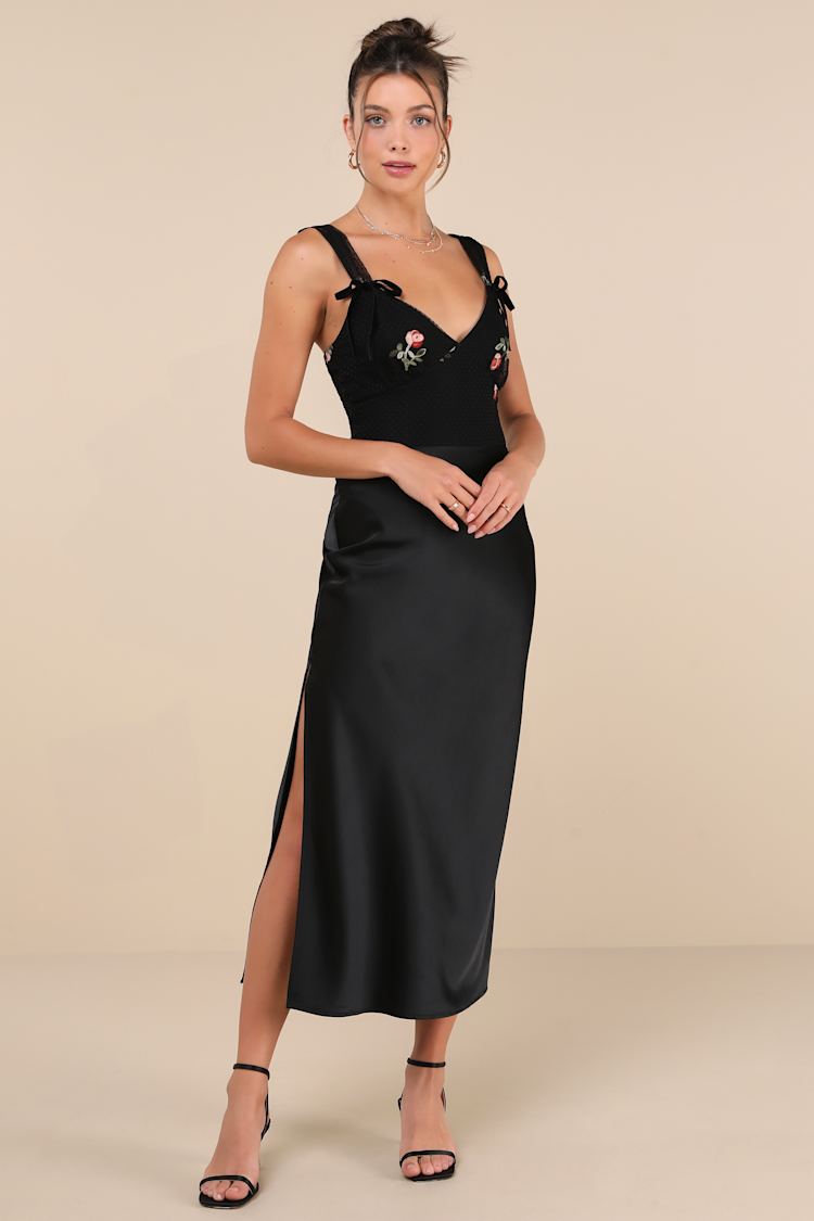 Compellingly Romantic Black Mesh Embroidered Floral Bow Bodysuit