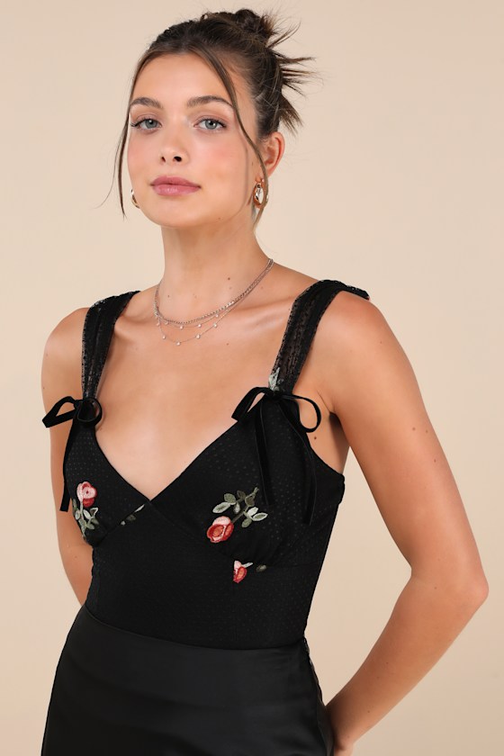 LULUS COMPELLINGLY ROMANTIC BLACK MESH EMBROIDERED FLORAL BOW BODYSUIT