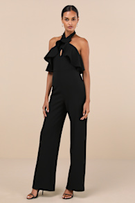 Elegant Flair Black Ruffled Wide-Leg Halter Jumpsuit